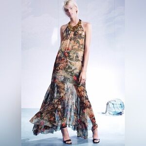 ALICE+OLIVIA SHONA EMBELLISHED HALTER NECK SILK DRESS JUNGLE SAFARI M